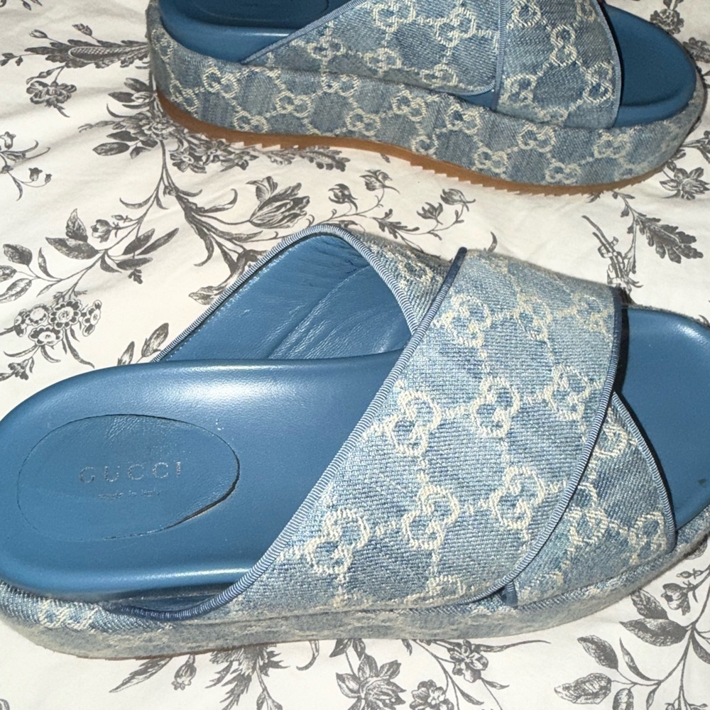 Gucci Blue Denim Monogram Platform Slides - Picture 4 of 9